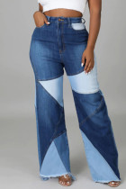 Blue Street Color Block Patchwork Pocket Buttons Contrast Zipper High Waist Wide Leg Loose Denim Jeans