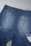 Sky Blue Casual Solid Hollowed Out High Waist Regular Denim Jeans