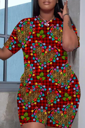 Dark Red Casual Print Basic O Neck Short Sleeve Two Pieces
