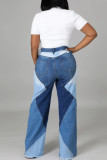 Blauwe Street Color Block Patchwork Zakknopen Contrasterende Rits Hoge Taille Losse Denim Jeans