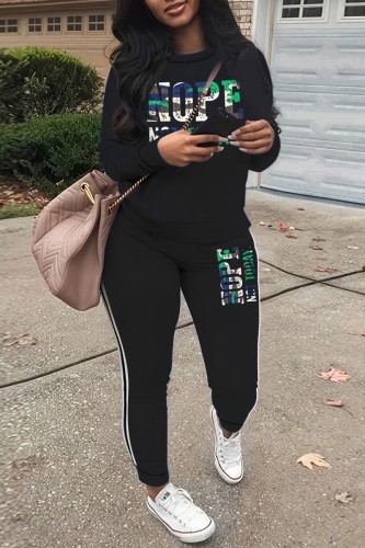 Black Casual Letter Print Basic O Neck Long Sleeve Two Pieces