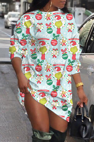 Light Blue Casual Print Basic O Neck Long Sleeve Dresses