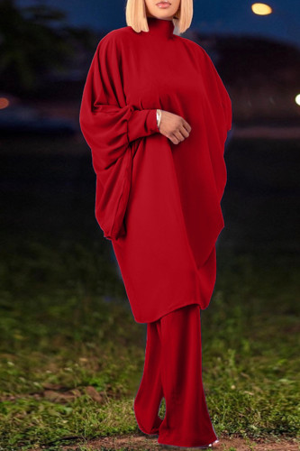 Red Elegant Solid Patchwork Turtleneck Long Sleeve Two Pieces