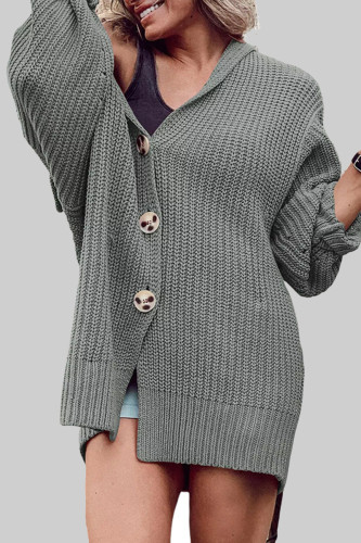 Grey Casual Patchwork Buckle Hooded Collar Long Sleeve Kintted Sweater Jackets