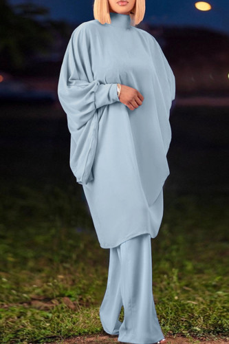 Light Blue Elegant Solid Patchwork Turtleneck Long Sleeve Two Pieces