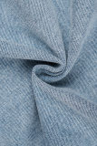 Light Blue Casual Patchwork Rivets Turndown Collar Long Sleeve Regular Cropped Denim Jacket