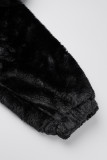 Zwart casual effen patchwork rits capuchon kraag bovenkleding