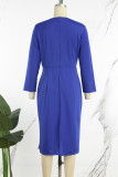 Королевские синие повседневные полосатые лоскутные платья с круглым вырезом и длинными рукавами