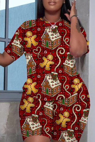 Red Casual Print Basic O Neck Short Sleeve Two Pieces