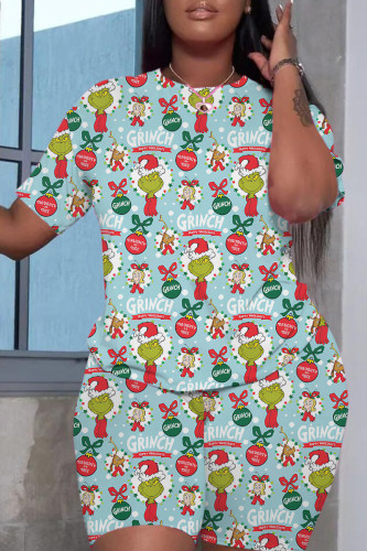 Light Blue Casual Print Basic O Neck Short Sleeve Two Pieces