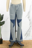 Jeans jeans regular azul claro com estampa casual patchwork cintura alta