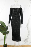 Zwarte sexy effen doorzichtige off-shoulder jurken met lange mouwen
