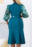 Groene casual patchwork-jurk met riem, kraag en lange mouwen