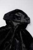 Черная повседневная однотонная лоскутная молния с капюшоном и воротником Верхняя одежда