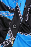 Robes de robe imprimées à col de chemise à boucle en patchwork imprimé sexy bleu