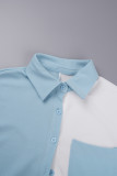 Himmelsblå Casual Color Block Patchwork Pocket Buckle Shirt Krage Långärmad Två delar