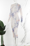Aprikos Casual Print Genomskinlig O-hals långärmade klänningar
