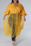 Amarelo Casual Sólido Patchwork Frenulum Turndown Collar Camisa Vestido Vestidos Plus Size