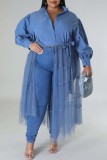 Vestido camisero con cuello vuelto y frenillo de patchwork liso informal azul Vestidos de talla grande