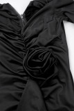 Черные повседневные однотонные платья в стиле пэчворк с V-образным вырезом и длинными рукавами