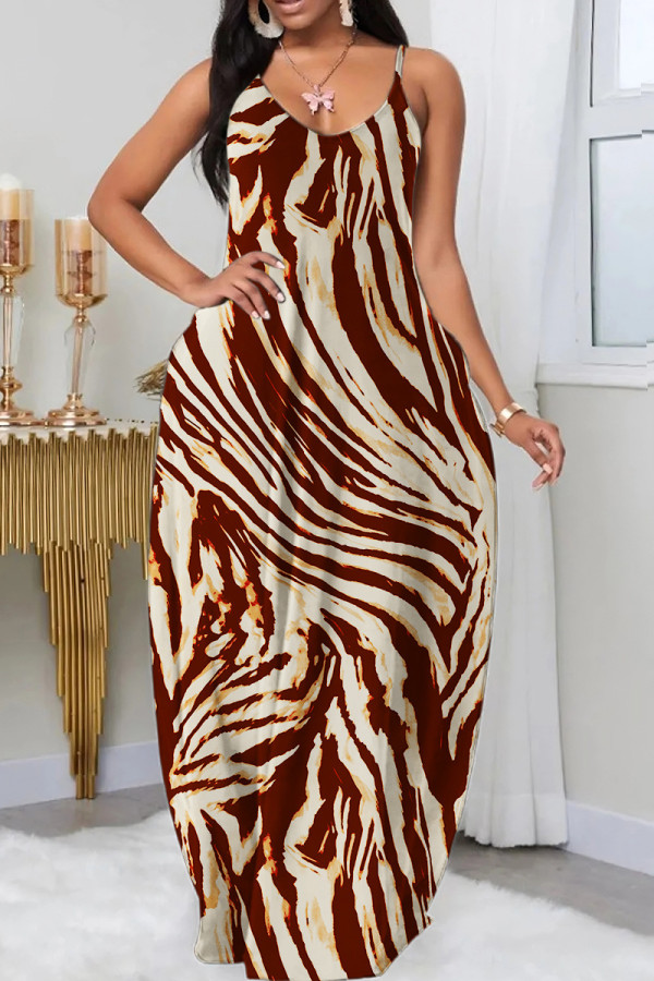 Robe longue marron sexy et décontractée, imprimé basique, bretelles spaghetti