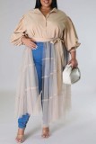 Blaues, lässiges, solides Patchwork-Frenulum-Hemdkleid mit Umlegekragen und Kleider in Übergröße