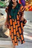 Orange Casual dagliga blandade tryck slits utskrift kontrast v-hals klänningar