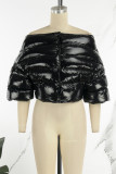 Ropa de abrigo casual con hombros descubiertos y patchwork liso negro