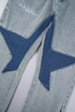 Light Blue Casual Print Patchwork High Waist Regular Denim Jeans