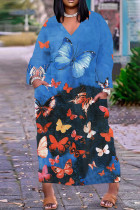 Синие повседневные базовые платья с V-образным вырезом и длинным рукавом с принтом