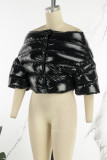 Ropa de abrigo casual con hombros descubiertos y patchwork liso negro
