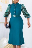 Green Casual Patchwork With Belt Turndown Collar Long Sleeve Dresses