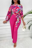 Rose Red Casual Print Frenulum Oblique Collar Long Sleeve Two Pieces