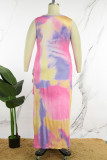 Rosafarbenes, elegantes, bedrucktes Patchwork-Kleid mit hohem Öffnungs-Spaghettiträger und bedrucktem Kleid in Übergröße