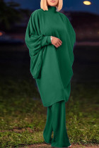 Grüner, eleganter, solider Patchwork-Rollkragenpullover mit langen Ärmeln, Zweiteiler