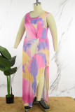 Roze elegante print patchwork hoge opening spaghettibandjes bedrukte jurk plus maten jurken