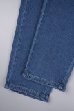 Azul celeste casual sólido vazado cintura alta jeans regular