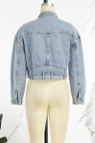 Голубая повседневная джинсовая куртка с отложным воротником и длинными рукавами в стиле пэчворк с заклепками