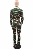 Green Casual Camouflage Print Letter Zipper Collar Long Sleeve Two Pieces