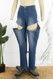 Himmelblaue, legere, einfarbige, ausgehöhlte, normale Denim-Jeans mit hoher Taille