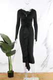 Vestidos de manga comprida preto casual patchwork sólido com decote em V