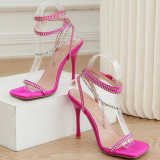 Zapatos de puerta cuadrados con diamantes de imitación de retazos diarios informales de color rosa (altura del tacón 4.52 pulgadas)
