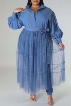 Синее повседневное однотонное лоскутное платье-рубашка с отложным воротником и уздечкой Платья больших размеров
