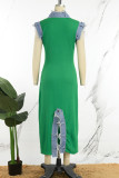 Green Street Solid Patchwork High Opening V Neck Long Dress Dresses