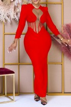 Vestido largo rojo sexy liso transparente con cuello en O Vestidos