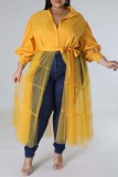Gelbes, lässiges, einfarbiges Patchwork-Hemdkleid mit Frenulum-Umlegekragen und Kleider in Übergröße