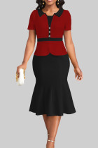 Vermelho preto sexy cor bloco retalhos botões fenda turndown colarinho vestidos de princesa