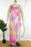 Rosafarbenes, elegantes, bedrucktes Patchwork-Kleid mit hohem Öffnungs-Spaghettiträger und bedrucktem Kleid in Übergröße