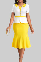 Blanc jaune Sexy couleur bloc Patchwork boutons fente col rabattu robes de princesse