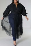 Zwarte casual effen patchwork frenulum turndown kraag overhemdjurk plus maten jurken